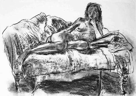 Female Nude On Chaise Longue No Charcoal Drawing