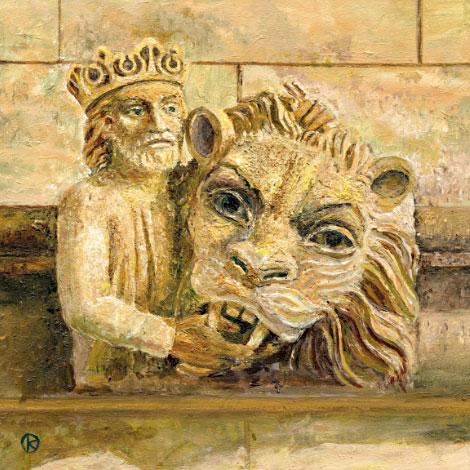 Lion King gargoyle Magdalen College Oxford print from Ken Organ painting